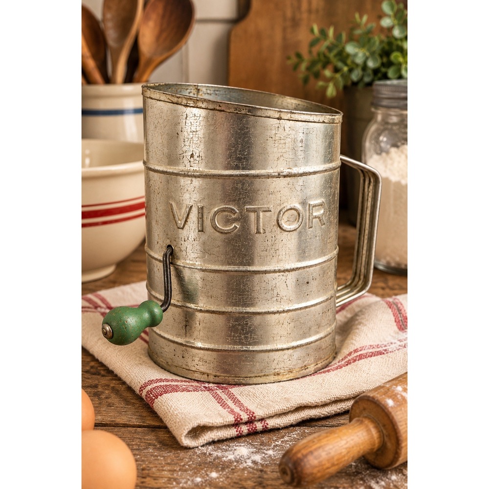Vintage Victor Flour Sifter Tin Hand Crank Green Wood Handle Farmhouse Kitchen